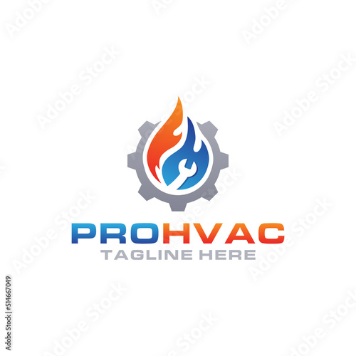 HVAC logo with settings or gear icon. appliances hvac icon or symbol. Air conditioning logo. Central heating design. Snowflake, fire, water symbol, and wrench icon