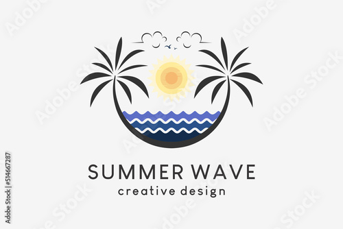 Summer logo design, simple summer vector illustration logo featuring a coconut or palm tree combined with the ocean