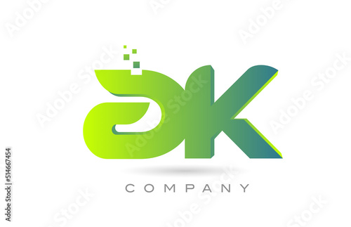 joined AK alphabet letter logo icon combination design with dots and green color. Creative template for company and business