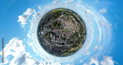 A tiny planet aerial view of town of Stowmarket in Suffolk, UK