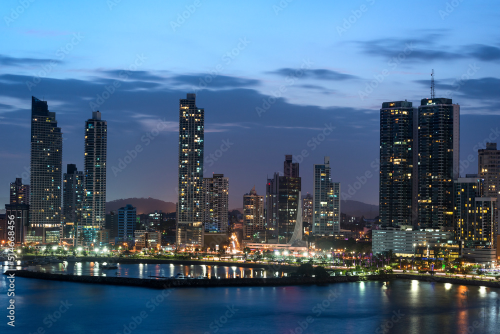 City skyline at twilight, Panama city, Panama, Central America City skyline at twilight, Panama city, Panama, Central America