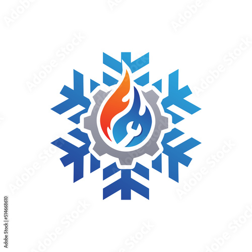Premium HVAC logo with settings or gear icon. Snowflake, fire, flame, wrench icon