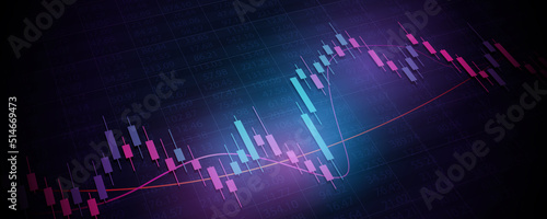 widescreen Financial graph with abstract trend line chart in stock market on neon color background
