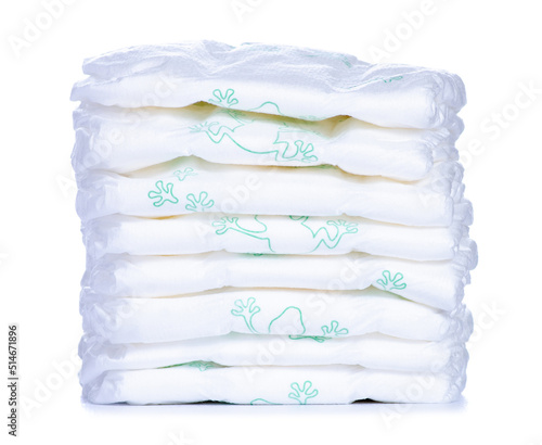 Stack baby diapers on white background isolation