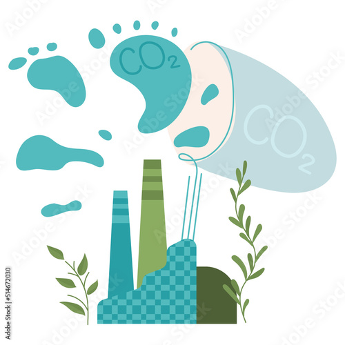Concept with factory produces CO2 and scoop-net catch carbon footprint. Sources polluted the world. Global problem with big emissions co2. Vector illustration green politics, BIG massage for carbon