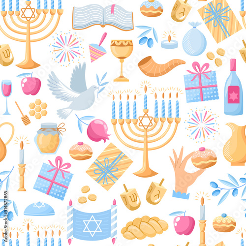 Hanukkah vector seamless pattern. Hand drawn background