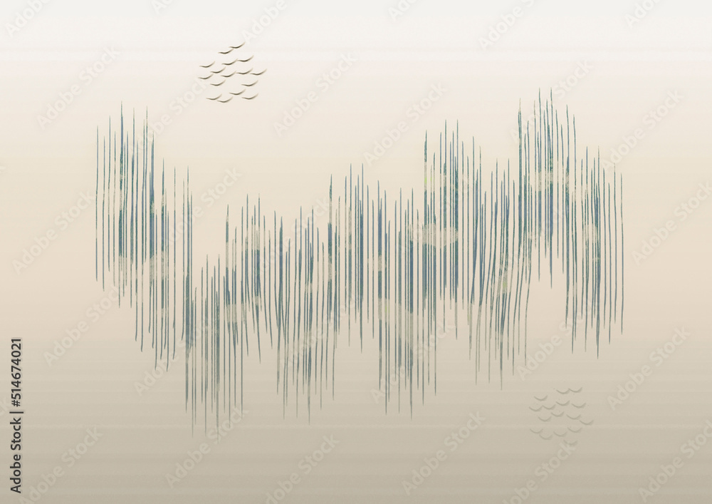 Drawing of a flock of birds flying in the sky over water.Quiet expanse with growing grass in the fog.Cloudy sky,evening landscape over the lake with a reflection of the silhouette of a flock in toning