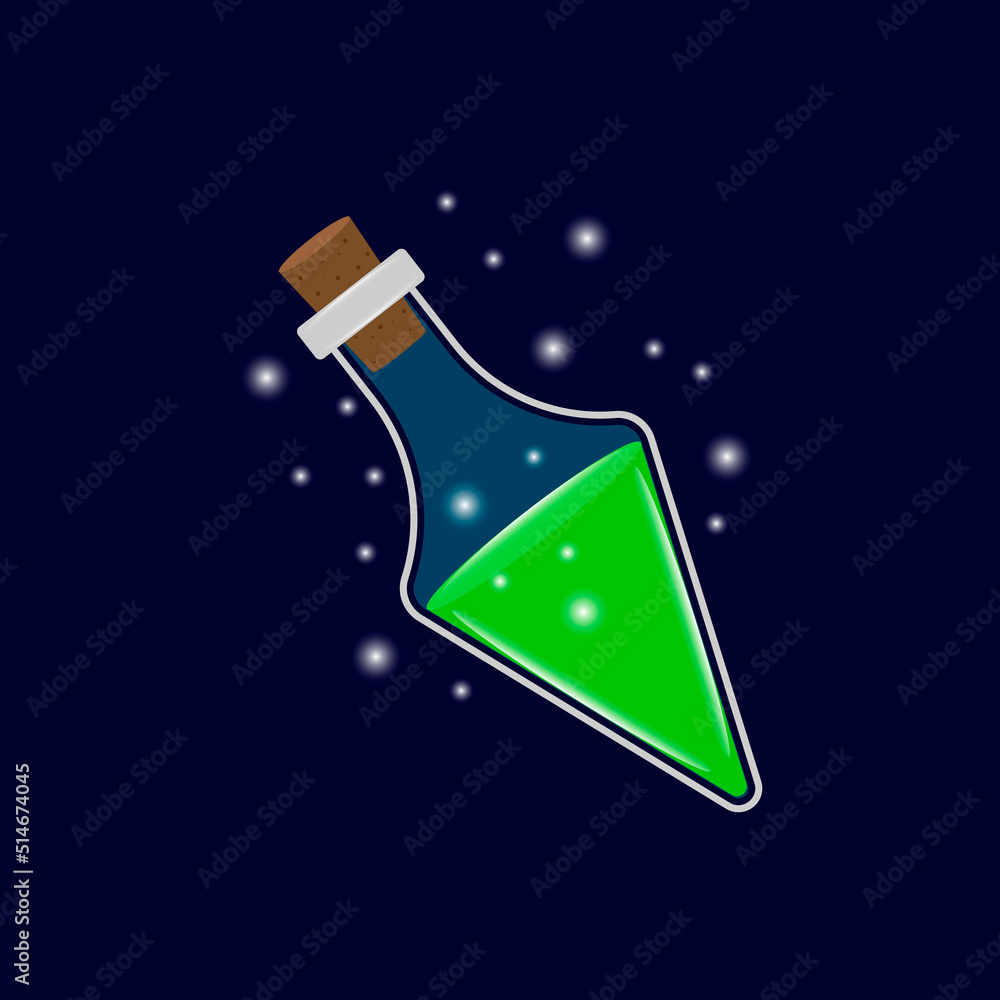 Green glitter bottle. Game icon of magic elixir. Vector design of app user interface. Potion of Luck, Protection, Invisibility, Fortitude, Magic