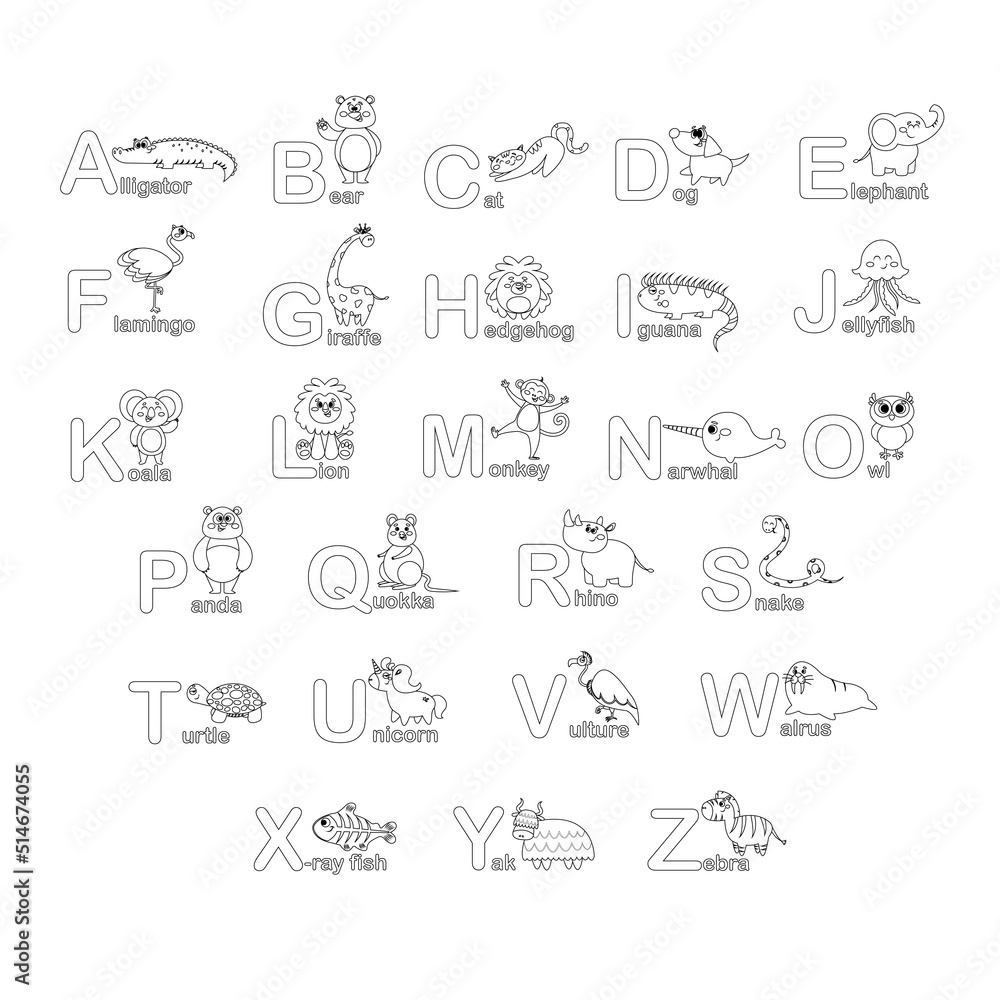 Animals alphabet in line style.  Cute ABC for kids education.