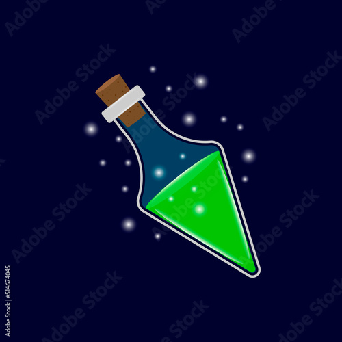 Obraz na płótnie Green glitter bottle. Game icon of magic elixir. Vector design of app user interface. Potion of Luck, Protection, Invisibility, Fortitude, Magic w salonie