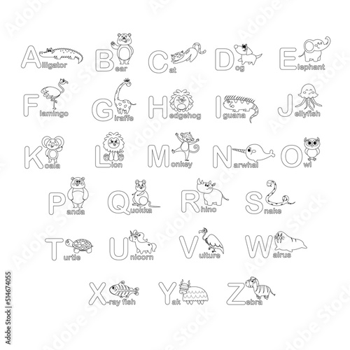 Fototapeta Naklejka Na Ścianę i Meble -  Animals alphabet in line style.  Cute ABC for kids education.