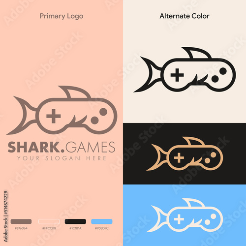 simple minimalist shark joystick gamepad gaming logo design