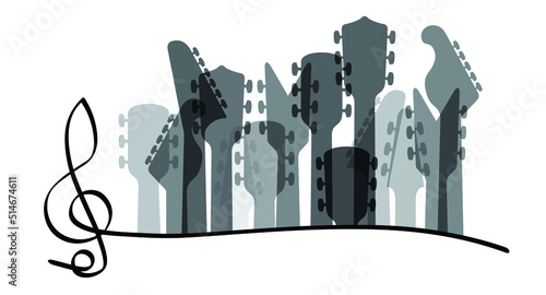 Cartoon electric, guitars headstock Rock music guitar necks or head silhouette Vector icon or logo. Musical, acoustic entertainment. Guitar head symbol. Bass Guitar headstock or peghead silhouette. 