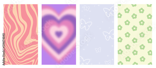 Set Of Geometric Star,heart,butterfly,flower Abstract Backgrounds. Lovely Vibes Posters Design. Trendy Y2K Illustration.