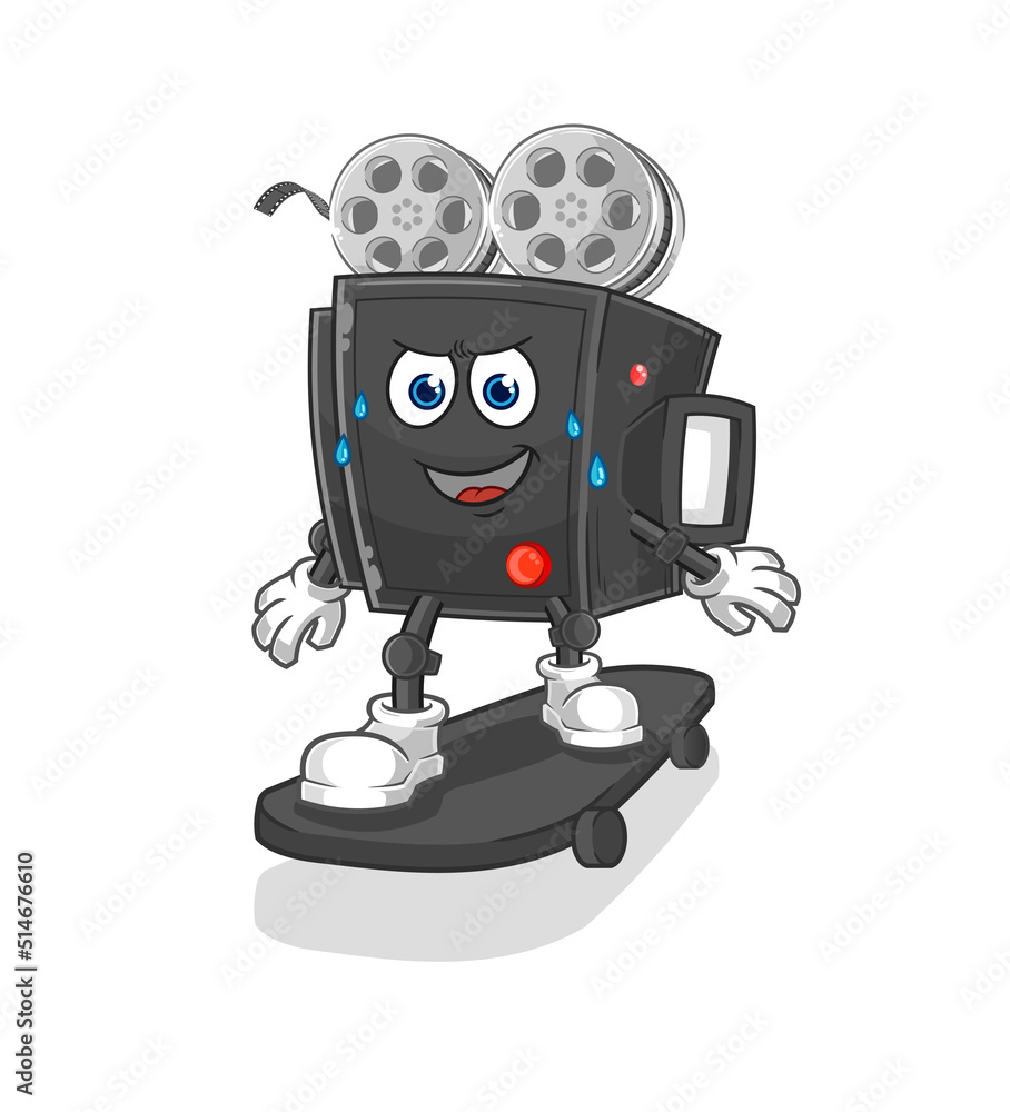 film camera riding skateboard cartoon character vector