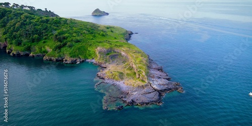 An aerian photo of the coast with nature