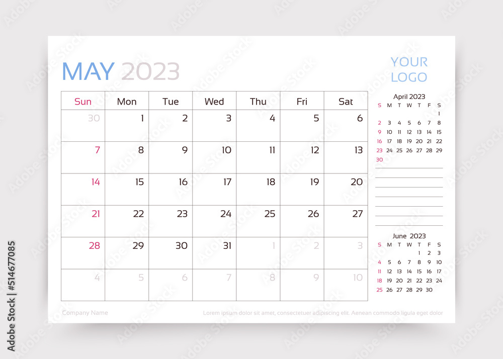 Stockvector Calendar for May 2023 year. Planner calender template. Week