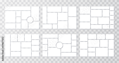 Moodboard template. Collage grid. Set mood boards. Photography album layout. Frame banner with photo pictures. Portfolio image. Mosaic scrapbook backgrounds. Presentation mockup. Vector illustration