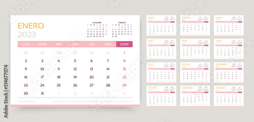 Spanish 2023 year Calendar. Week starts Monday. Planner grid. Desk schedule template. Yearly calender layout. Table organizer. Horizontal monthly diary with 12 month. Vector illustration Paper size A5