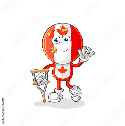 canada flag head sick with limping stick. cartoon mascot vector