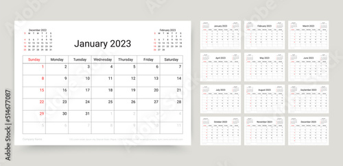 2023 calendar. Planner template. Week starts Sunday. Yearly calender organizer. Desk schedule grid. Table monthly diary layout with 12 month. Vector illustration. Paper size A5. Horizontal design. photo