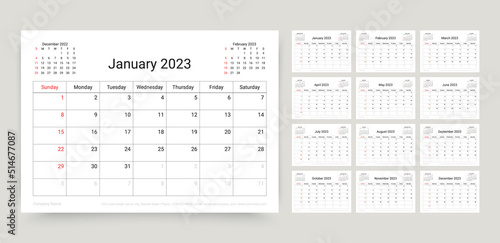 2023 calendar. Planner template. Week starts Sunday. Yearly calender organizer. Desk schedule grid. Table monthly diary layout with 12 month. Vector illustration. Paper size A5. Horizontal design.
