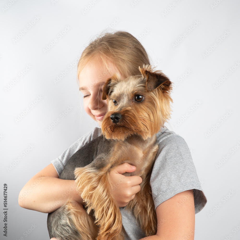 The child hugs the dog. Friendship of a dog and a man. Love for animals The child hugs the dog. Friendship of a dog and a man. Love for animals