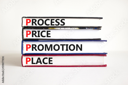 PPPP process price promotion place symbol. Concept words PPPP process price promotion place on books on beautiful white background. Business and PPPP process price promotion place concept.
