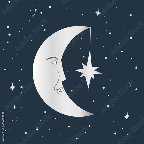 Watercolor hand drawn card illustration with stars, silver moon. fairy tale magical clip art with stellar sky. Isolated on white background.