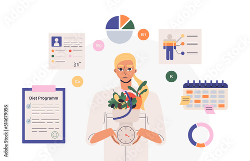 Nutritionist in medical gown holding scales full of healthy products. Dietitian plans individual balanced diet, controls patients food ration, calories. Nutrition therapy. Flat vector illustration.