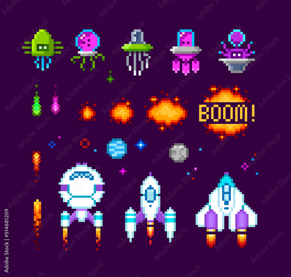 Pixel Art arcade game elements and icons. Pixel Ufo aliens, space ships, rockets, explosion animation. 8-bit computer game in 80s -90s style. Retro video game sprites. Space arcade. Vector template