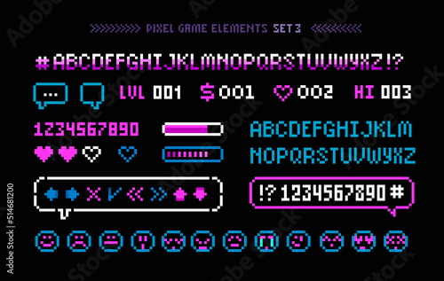 Pixel Arcade game elements with icons, signs and font alphabet. loading bar. Heart and energy scale. 8-bit Retro video game sprites. Pixelated arcade menu elements in 80s - 90s style. Vector template