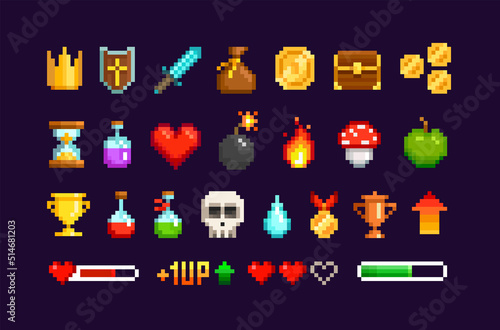 Vector Pixel Art retro game icons set of 8-bit style weapon, heart, fire, skull etc. Level Up. Pixel loot items award objects for retro video game design. Pixel game sprites