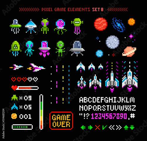 Retro space arcade game interface elements with Pixel Art icons, Planets, Ufo aliens, space ships, rockets. Vintage 8-bit computer game in 80s -90s style. Retro video game sprites. Vector template