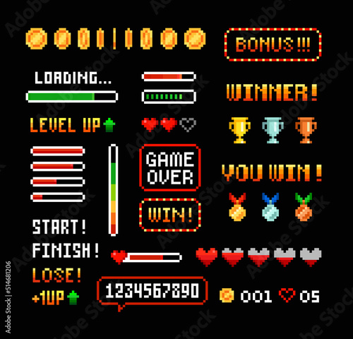 Vector Pixel Art 8-bit winner trophy cups and medals with loading bar set for retro arcade game design. Pixel gold coins, icons and signs. Retro video game interface elements in 80s - 90s style