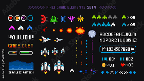 Space Arcade game interface elements with Pixel Art icons, Planets, Ufo aliens, space ships, rockets. Vintage 8-bit computer game in 80s -90s style. Retro video game sprites. Vector template