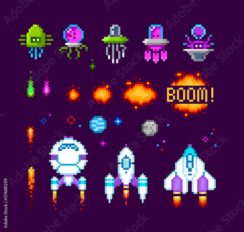 Pixel Art arcade game elements and icons. Pixel Ufo aliens, space ships, rockets, explosion animation. 8-bit computer game in 80s -90s style. Retro video game sprites. Space arcade. Vector template © VRTX