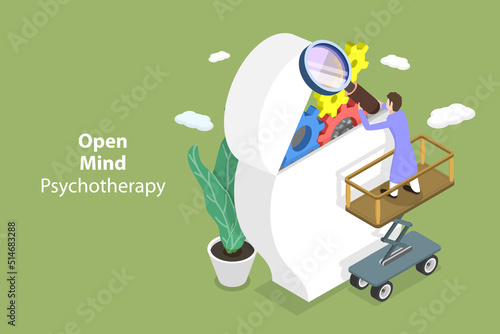 3D Isometric Flat Vector Conceptual Illustration of Open Mind Psychotherapy, Psychiatrist Consulting