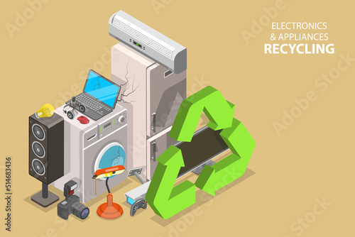 3D Isometric Flat Vector Conceptual Illustration of Electronics And Appliances Recycling, E-waste Management