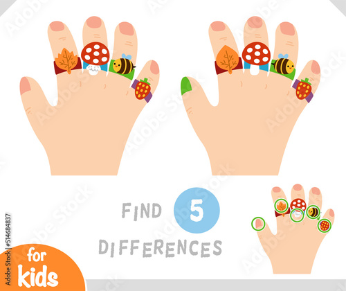 Find differences educational game for kids, Girl's hand with rings