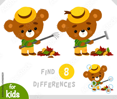 Find differences educational game, Cute bear cleans autumn leaves with a rake