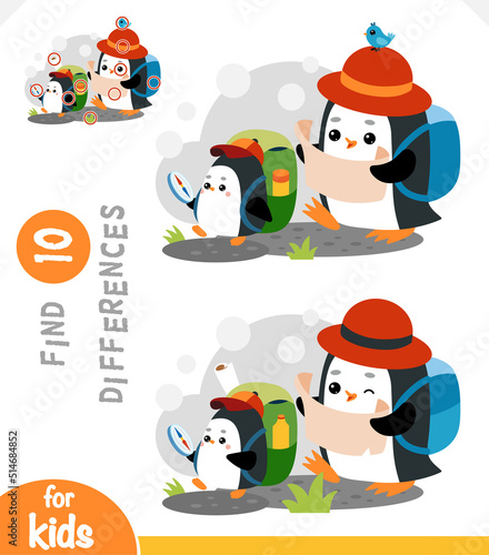 Find differences, educational game for children, Cute Penguins travelers