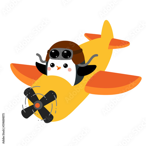 Cartoon vector illustration, Cute penguin pilot is flying on an airplane