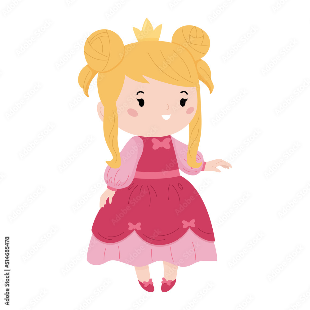 Beautiful kawaii princess on white background. Cartoon characters for fairy tale. Cute pink dress with bows. Vector illustration. Beautiful kawaii princess on white background. Cartoon characters for fairy tale. Cute pink dress with bows. Vector illustration.