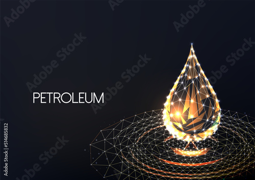 Concept of oil industry with gold petroleum drop in futuristic style on black backgound