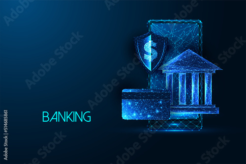 Concept of mobile banking, finance management with phone, bank, credit card, protective shield