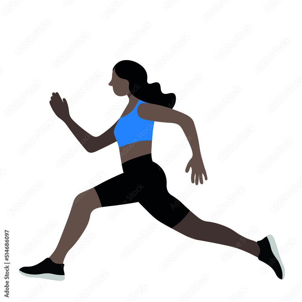 Portrait of a black girl in profile who goes in for sports, doing lunges with her feet, isolate on white, flat vector Portrait of a black girl in profile who goes in for sports, doing lunges with her feet, isolate on white, flat vector