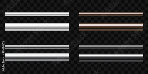 Set of metal pipes of various diameters. Pipe profiles made of steel, stainless, aluminium, copper. Realistic vector illustration isolated on transparent background.