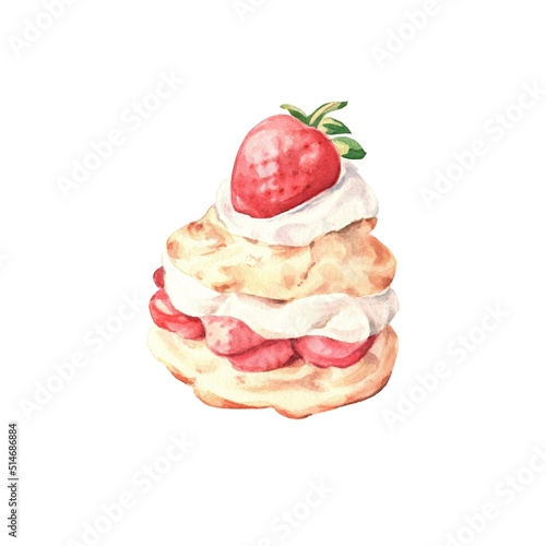 Strawberry shortcake with cream on white background. Watercolor. Delicious food illustration.