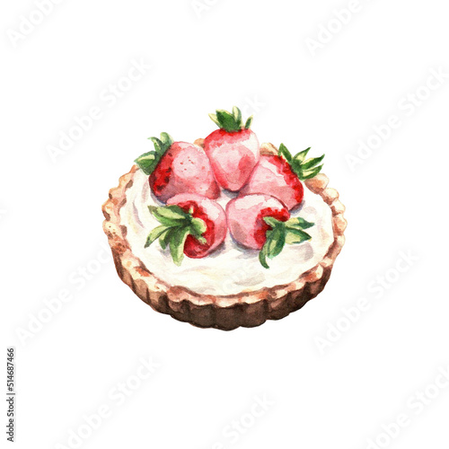 Strawberry tart with cream, hand painted watercolor on white background. Delicious food illustration. Clipart. For wallpaper, fabric design, textile design, banner, card, background, menu